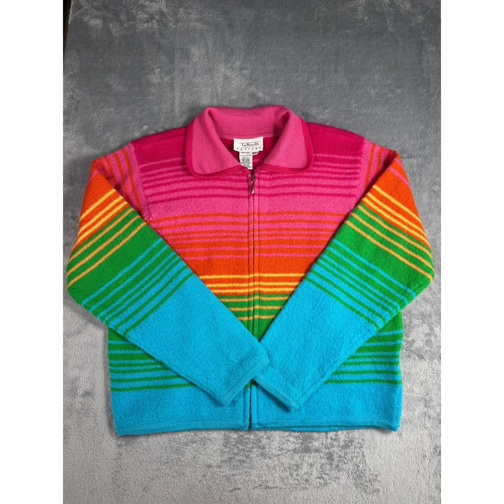 Vintage 80s Rainbow Striped Knit Zip-Up Cardigan Sweater Collar Jacket MP